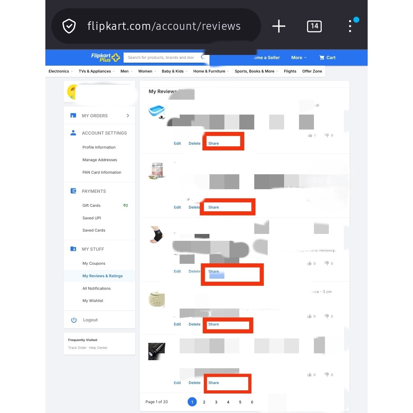 Flipkart 'My Reviews' page with the Share button highlighted below each review